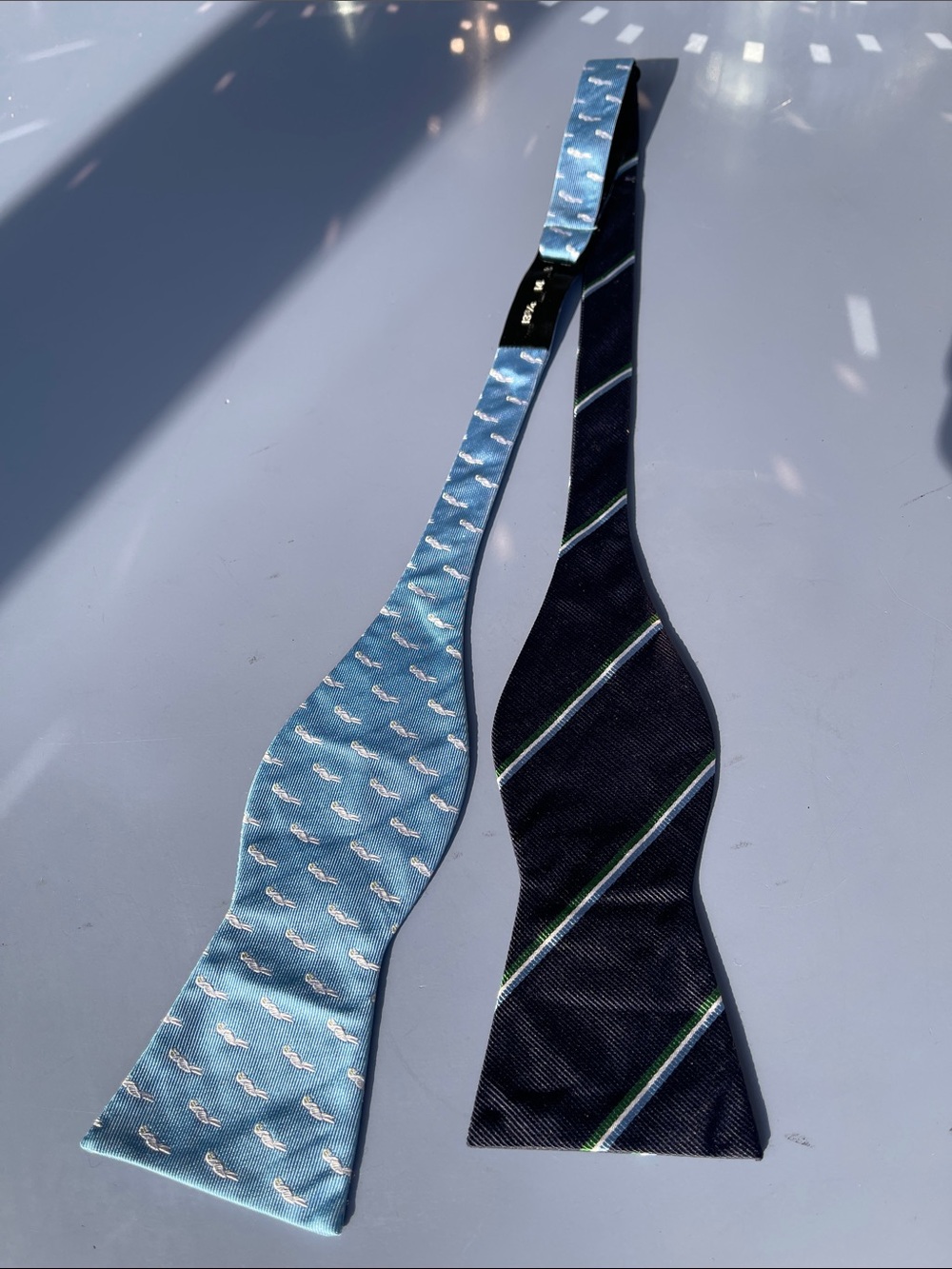 Two patterned 100% Silk Adjustable Bow Tie - Blue with white parrots and stripes